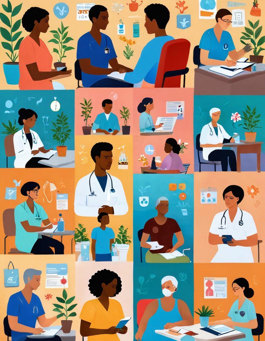 A collage of diverse patients engaging with healthcare professionals in a warm clinic setting, surrounded by various treatment options illustrated as colorful icons: chemotherapy, radiation, and immunotherapy. Incorporate a calm, reassuring atmosphere with soft lighting and potted plants in the background. Vibrant colors. super-realistic.