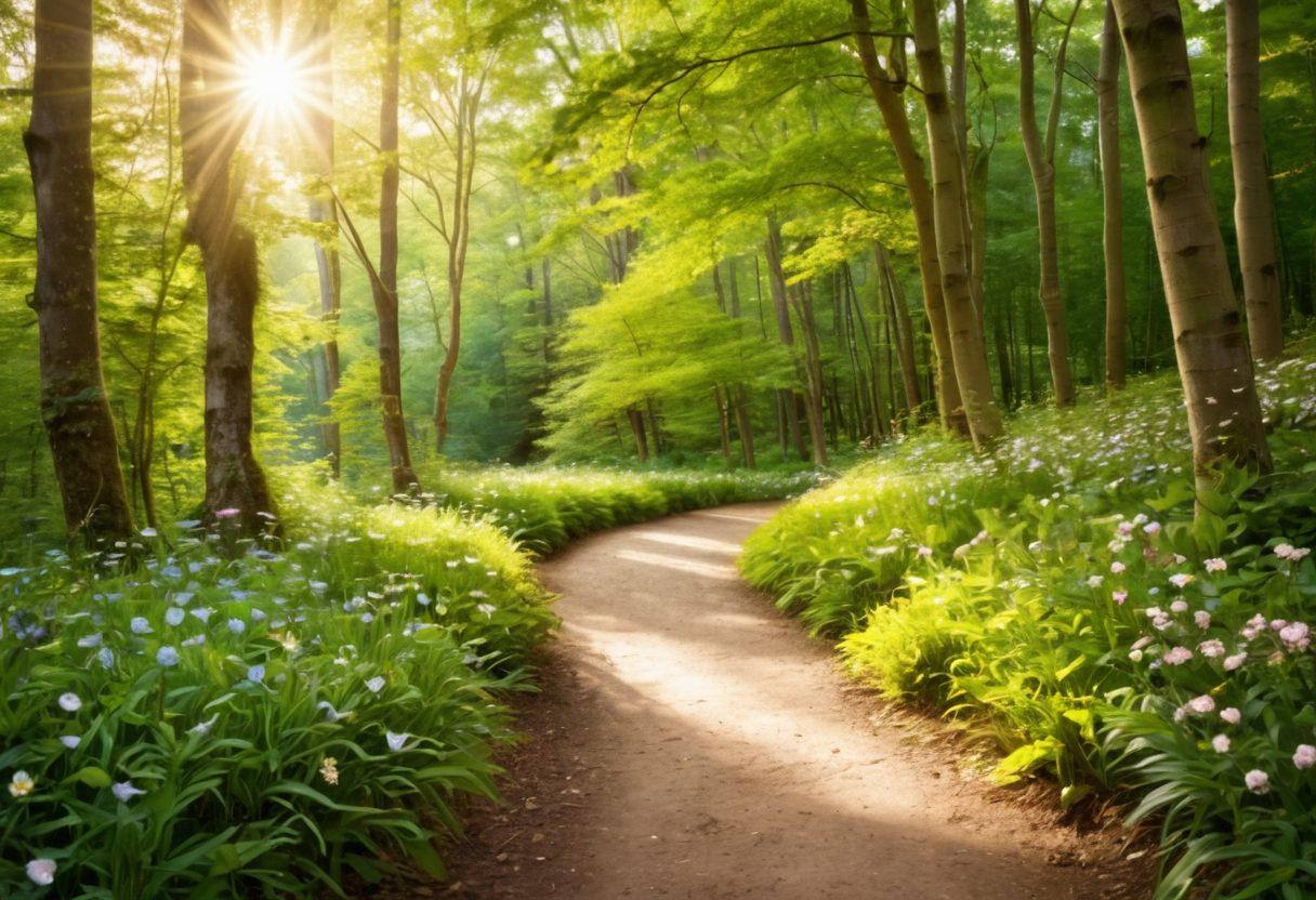A serene landscape depicting a winding path through a lush green forest symbolizing hope and healing. Along the path, diverse individuals, representing various cancer survivors, are engaging in supportive activities together, such as walking and talking. Sunlight filters through the trees, illuminating their faces with warmth and positivity. Include subtle symbols of resilience, like butterflies or blooming flowers. soft focus, vibrant colors, uplifting atmosphere.