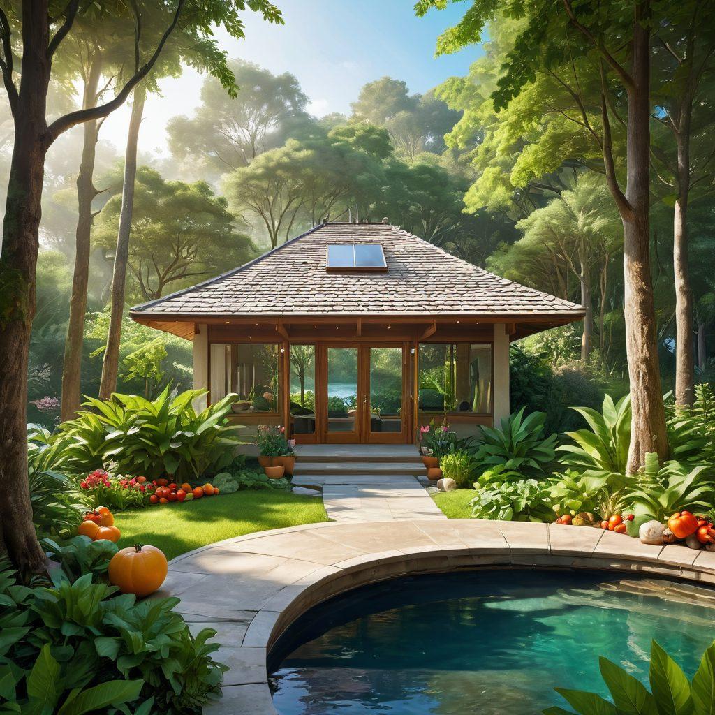 A serene landscape depicting a holistic wellness center, surrounded by lush greenery and calming water elements. Include symbolic representations of nutrition, such as vibrant fruits and vegetables interspersed throughout the scene. Show diverse individuals engaged in supportive activities like yoga and meditation. Incorporate soft sunlight filtering through the trees, casting gentle shadows. health and wellness illustration. calming colors. organic style.